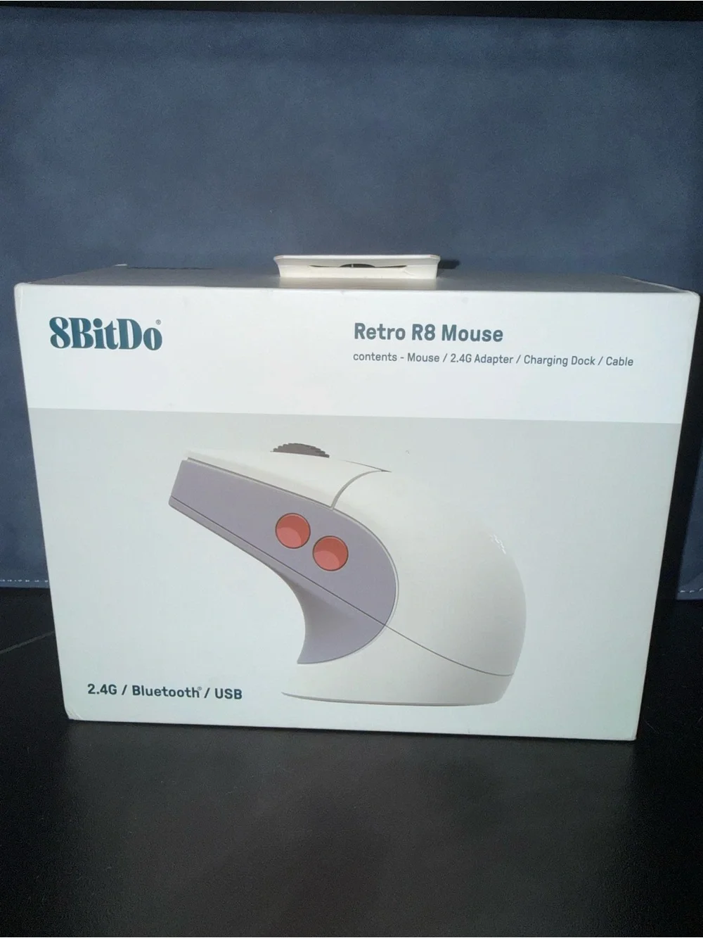 8BitDo Retro R8 Mouse in White with Gray & Red Accents
